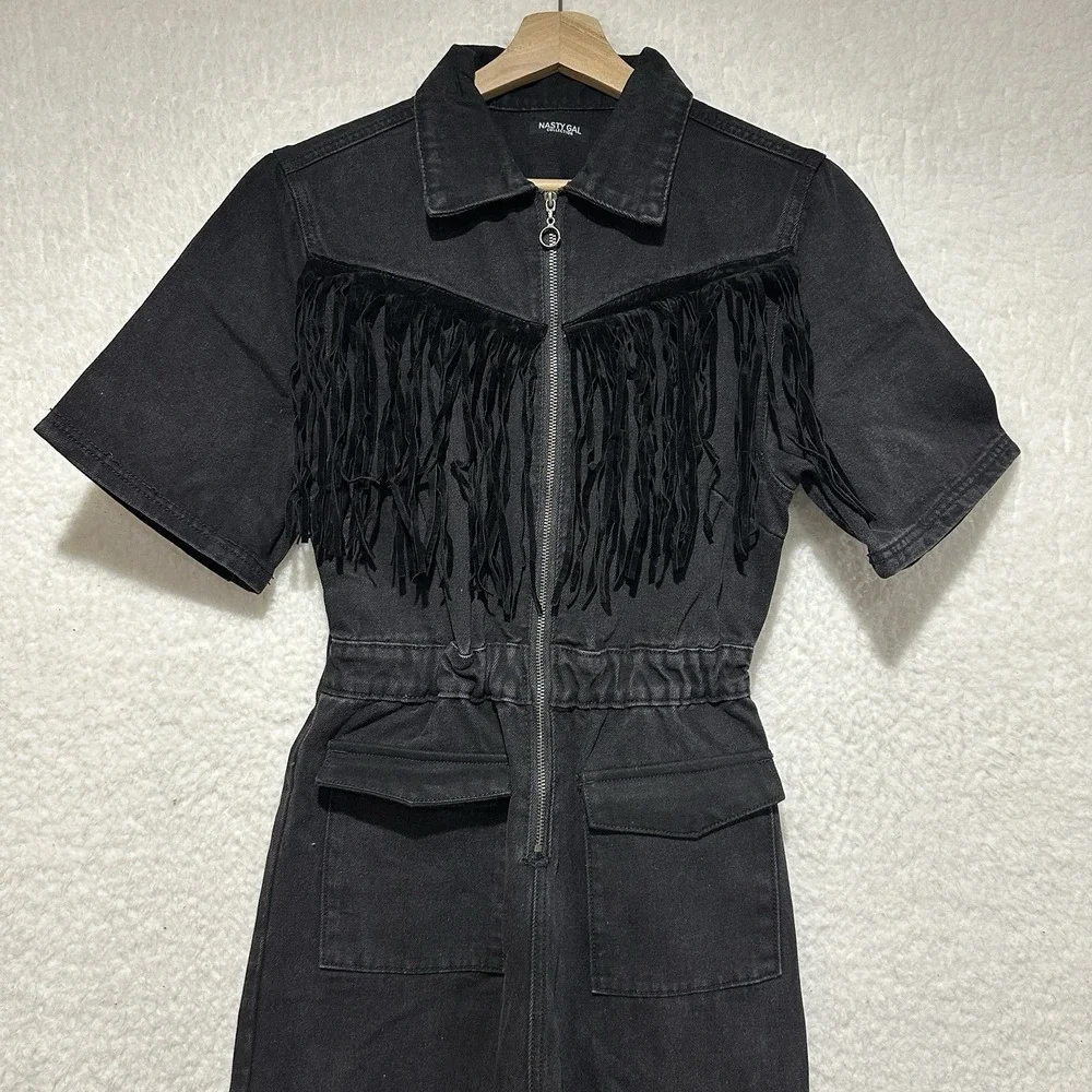 Nasty Gal Collection Black Denim Fringe Detailing Zip Up Front Jumpsuit Sz US 4 - Picture 7 of 16